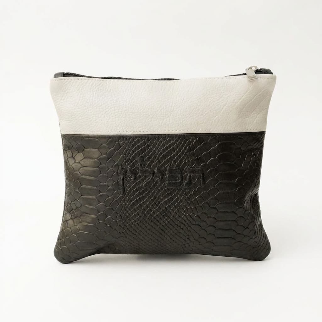 Bolsa para talit y tefilín Textured de cuero crema y negro B13, thumbnail 3