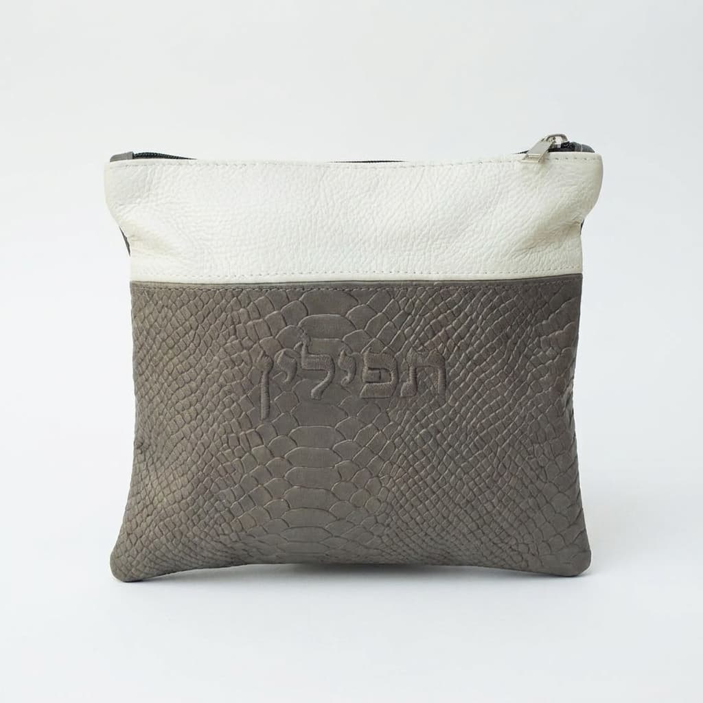 טלית און תפילין זעקל Textured פון קרים און גרויער אנאקאנדא לעדער B14, thumbnail 3
