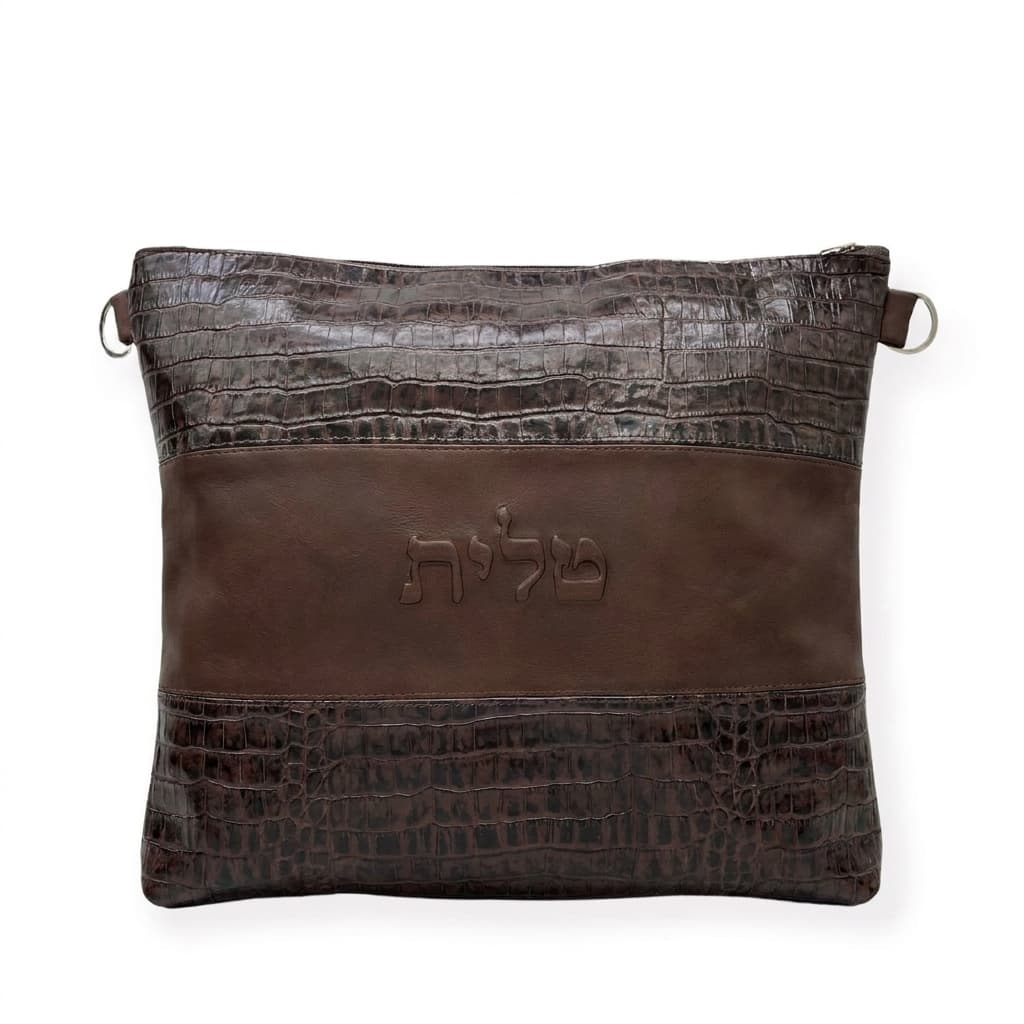 Textured Bolsa para Talit de Cuero Grabado Croco Marrón y Cuero Liso B16, photo 1