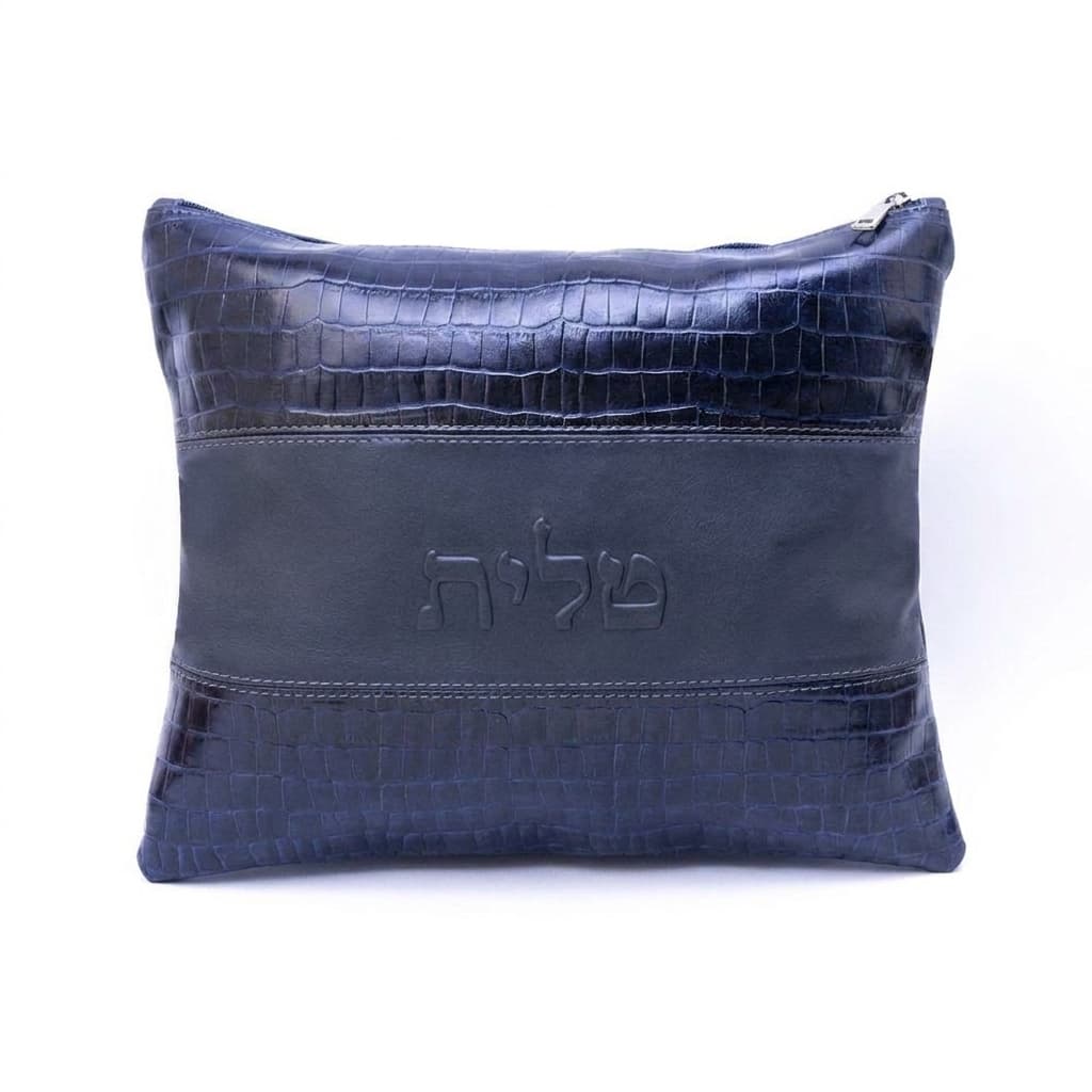 Textured Navy Croco Leather Tallit & Tefillin Bag Set B20, thumbnail 2