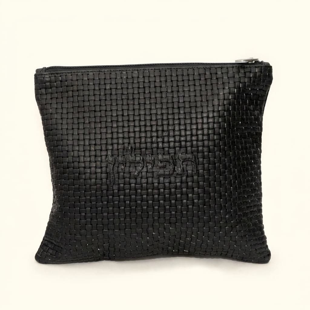Textured Braided Black Leather Tallit & Tefillin Bag B45, thumbnail 3