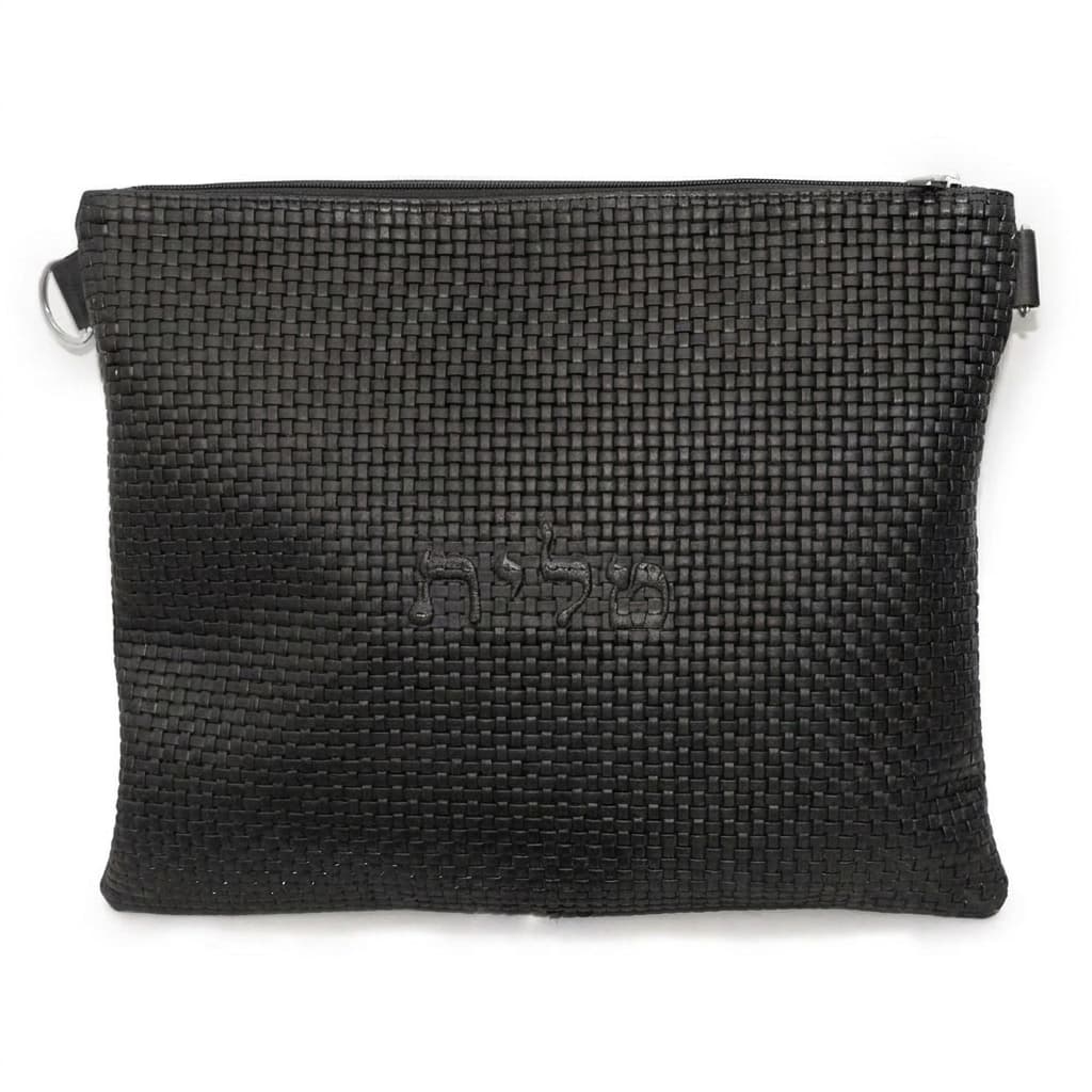 Textured Braided Black Leather Tallit & Tefillin Bag B45, photo 1