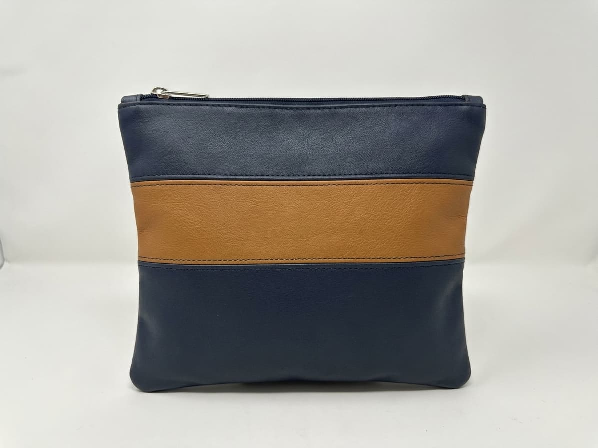 Premium Navy and Tan Smooth Leather Tallit Bag C135, thumbnail 3