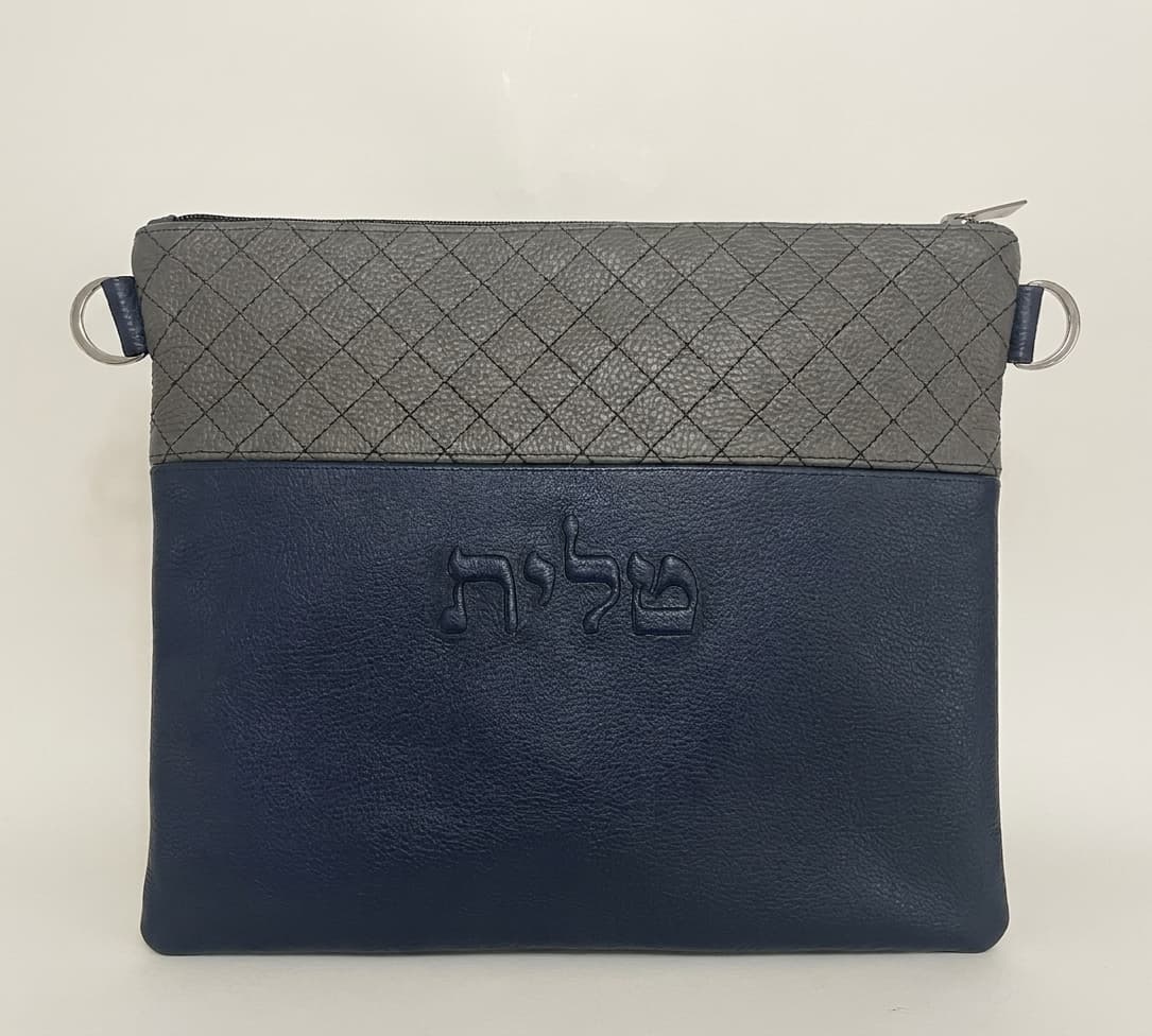 Premium טלית און תפילין זעקל פון עכטער לעדער בלוי און גרוי C41, photo 1