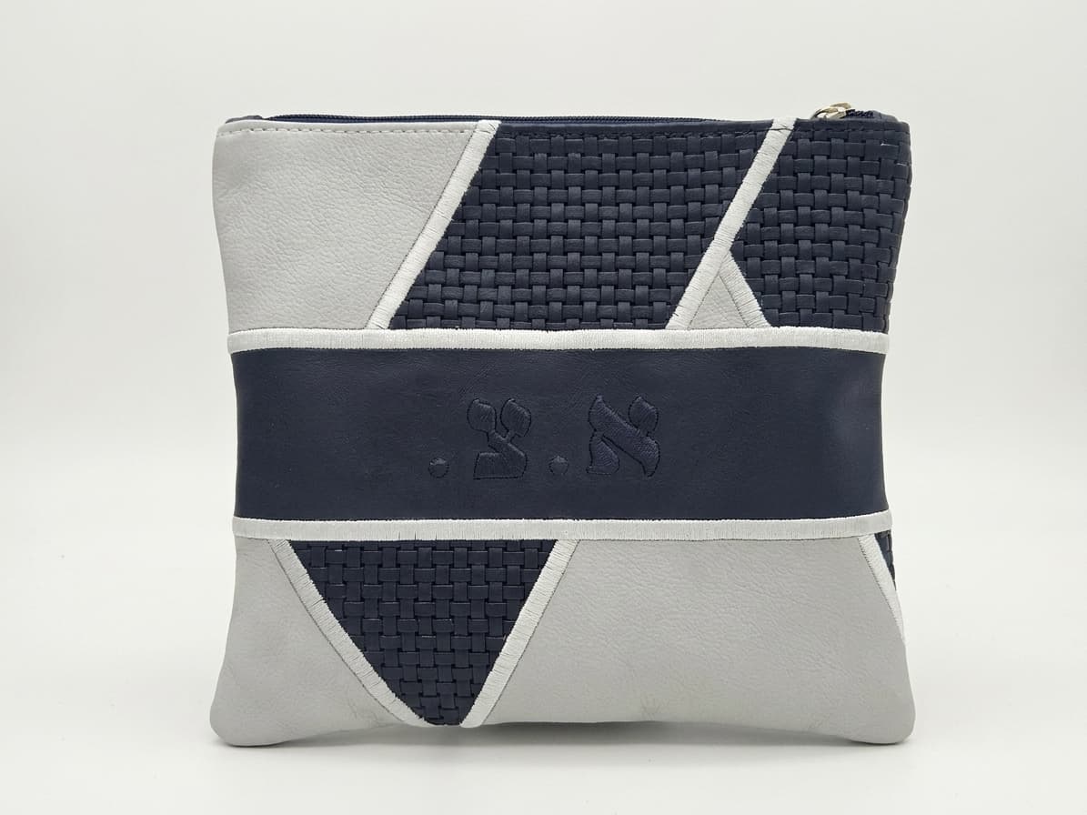 Premium Navy and Cream Leather Tallit & Tefillin Bag C76, thumbnail 3
