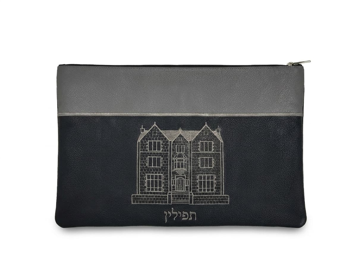770 Grey Black Grained Leather Tallit & Tefillin Bag Set D34, thumbnail 3