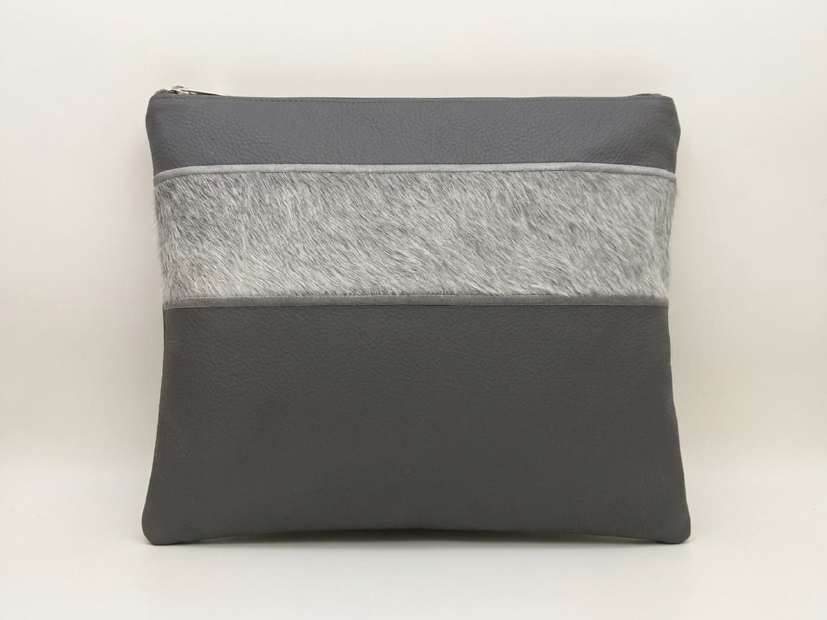 Fur Grey Grained Leather Tallit & Tefillin Bag Set E37, thumbnail 2