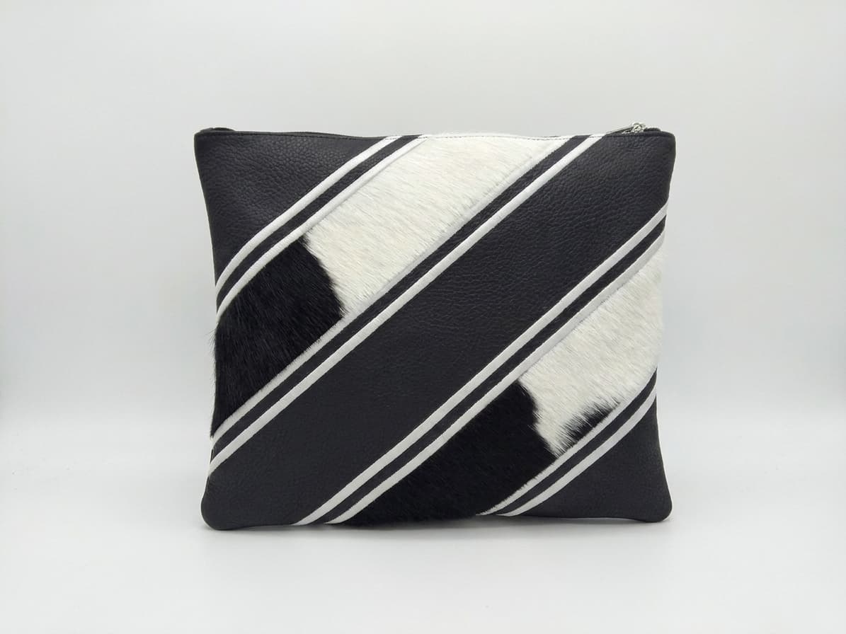 Fur Black White Leather Tallit & Tefillin Bag Set E40, thumbnail 3