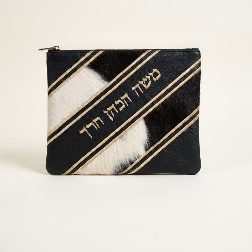 Fur Black Grained Leather Tallit & Tefillin Bag Set E63, thumbnail 3