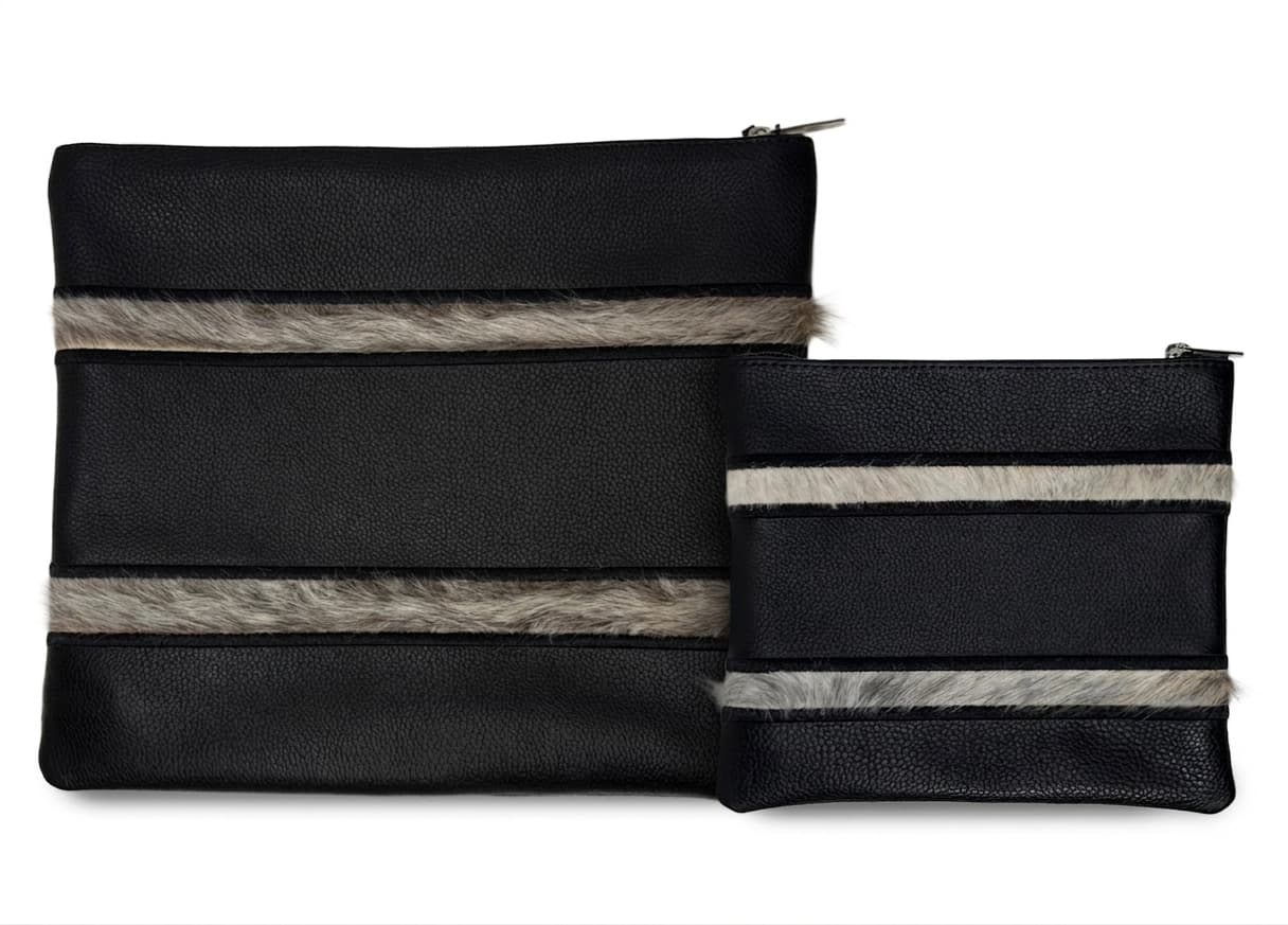 Fur Black Grained Leather Tallit & Tefillin Bag Set E83, thumbnail 3