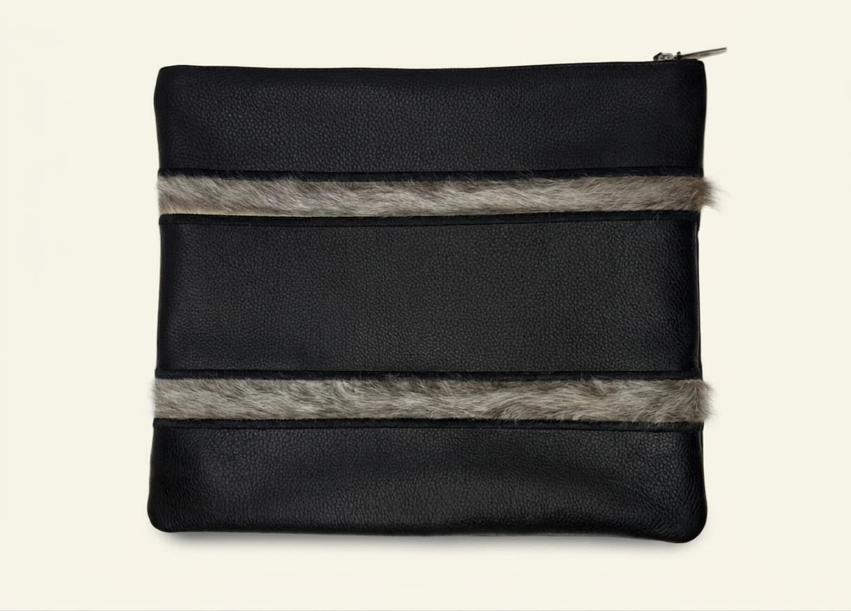 Fur Black Grained Leather Tallit & Tefillin Bag Set E83, thumbnail 2