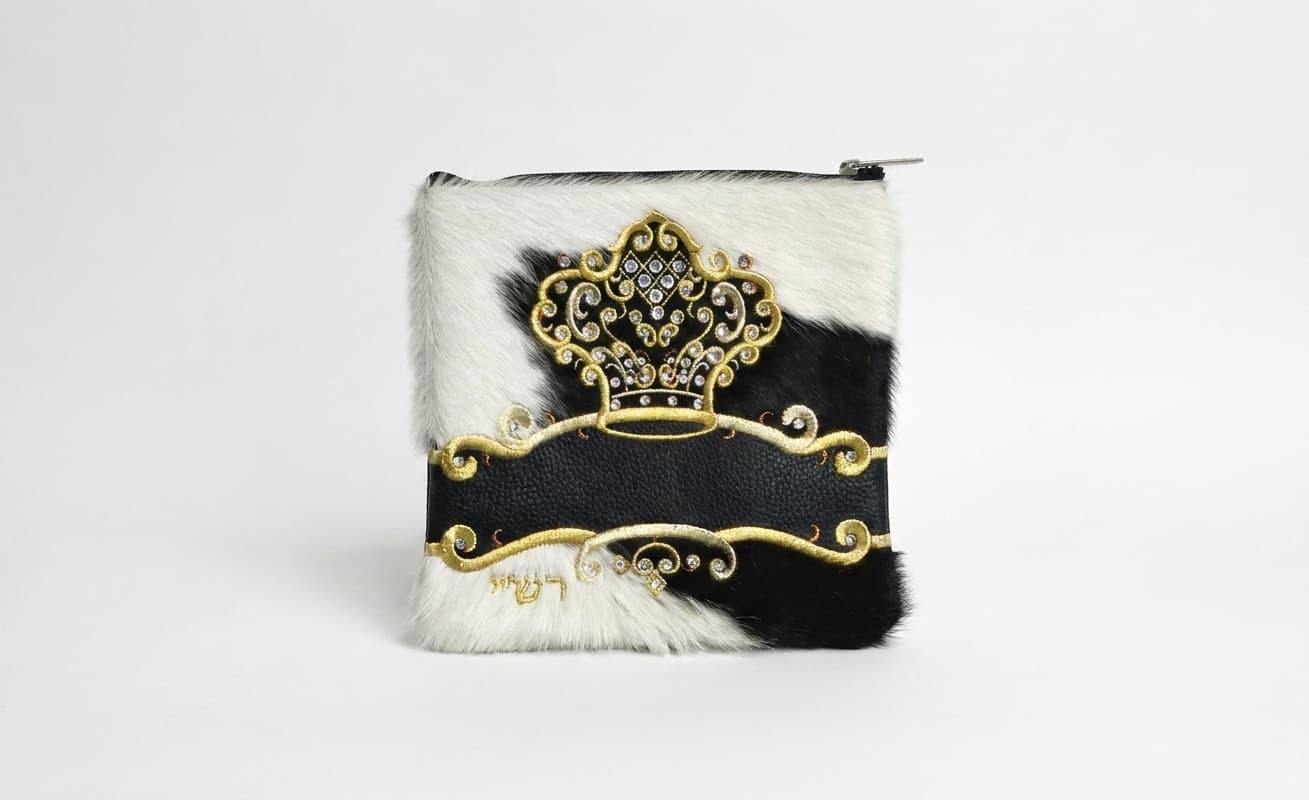 Crown Black White Hair-on-Hide Leather Tallit & Tefillin Bag Set F122, thumbnail 3