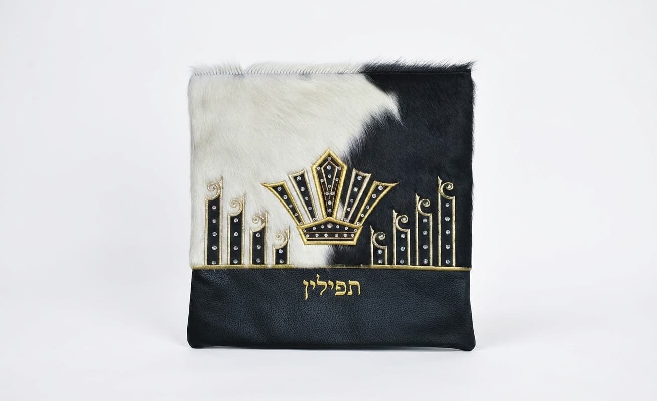 Crown Black White Hair-on-Hide Leather Tallit & Tefillin Bag Set F123, thumbnail 3