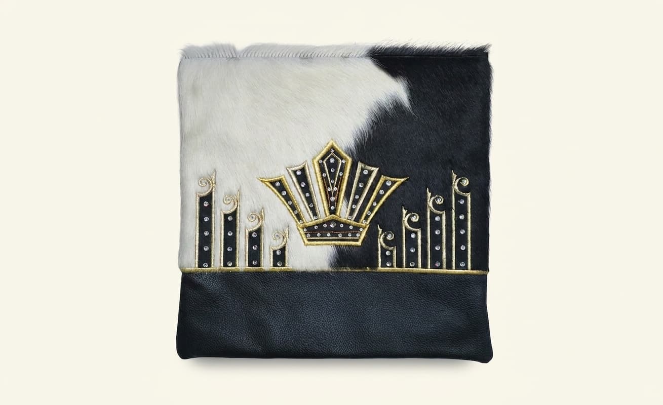 Crown Black White Hair-on-Hide Leather Tallit & Tefillin Bag Set F123, thumbnail 2