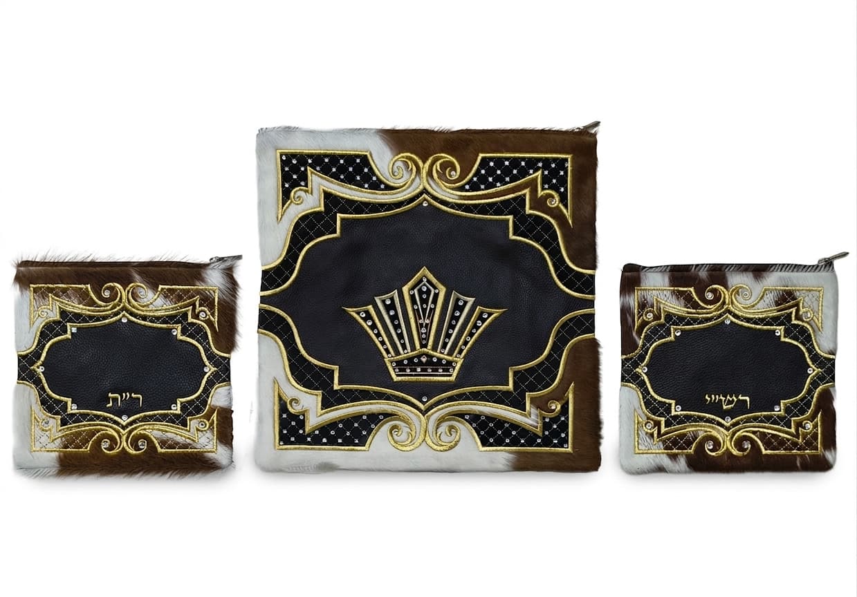 Crown Brown Hair-On-Hide Leather Tallit & Tefillin Bag Set F126, thumbnail 3