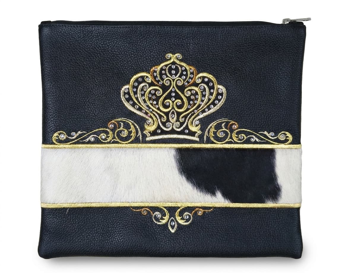 Bolsa para talit y tefilín Crown de cuero negro con pelo F133, photo 1
