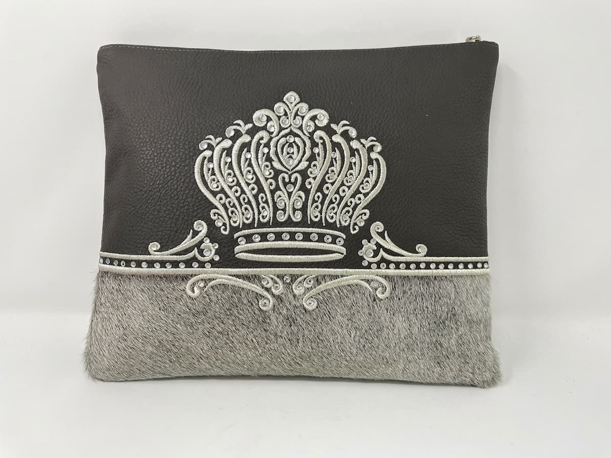 Crown Black Grain and Gray Fur Leather Tallit & Tefillin Bag F44, thumbnail 3