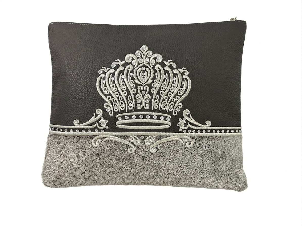 Crown Black Grain and Gray Fur Leather Tallit & Tefillin Bag F44, thumbnail 2