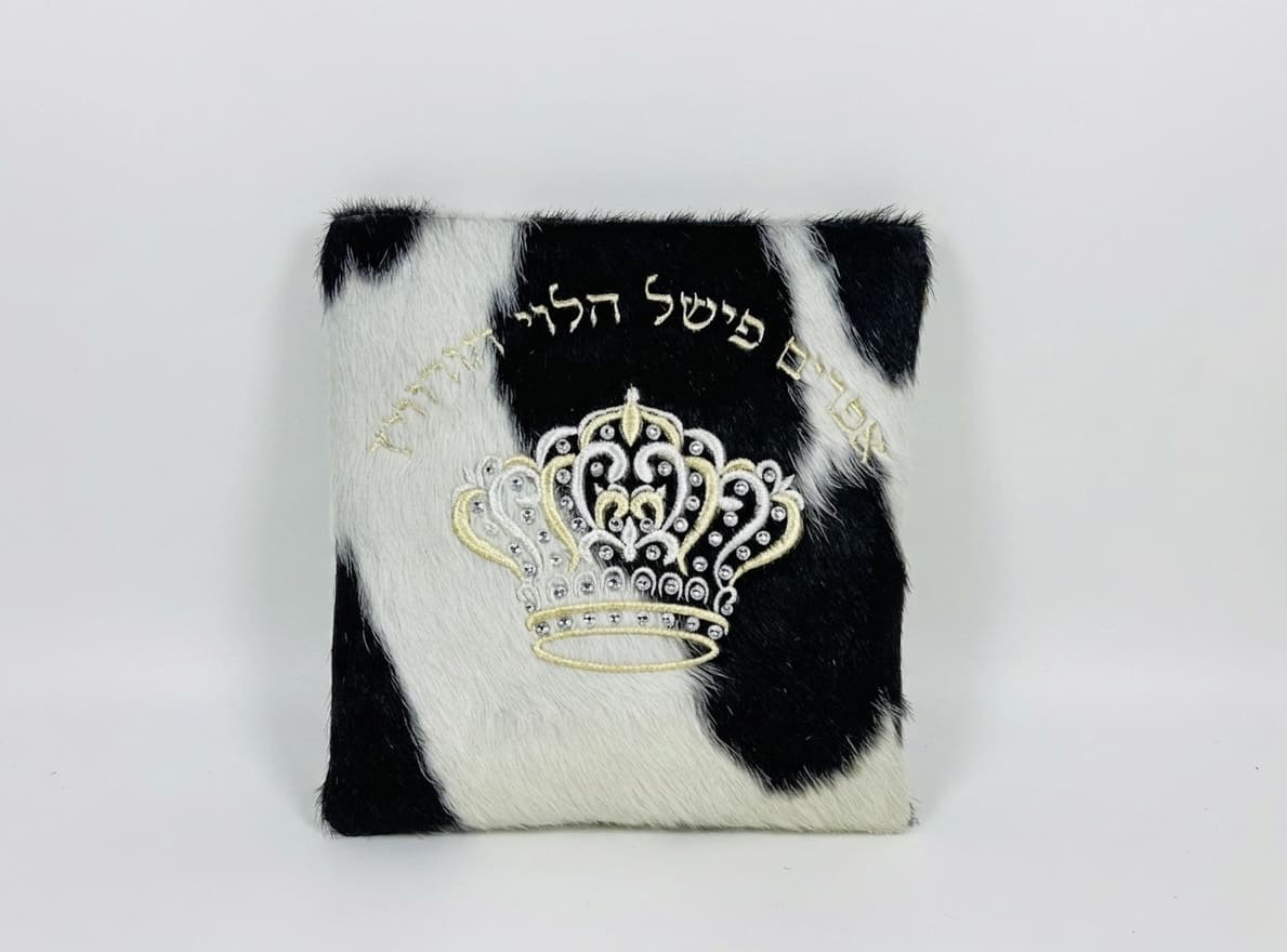 Crown Black White Hair-on-Hide Leather Tallit & Tefillin Bag F55, thumbnail 2