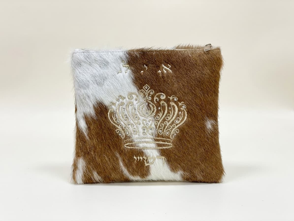 Crown Brown Hair-on-Hide Leather Tallit & Tefillin Bag Set F58, thumbnail 3
