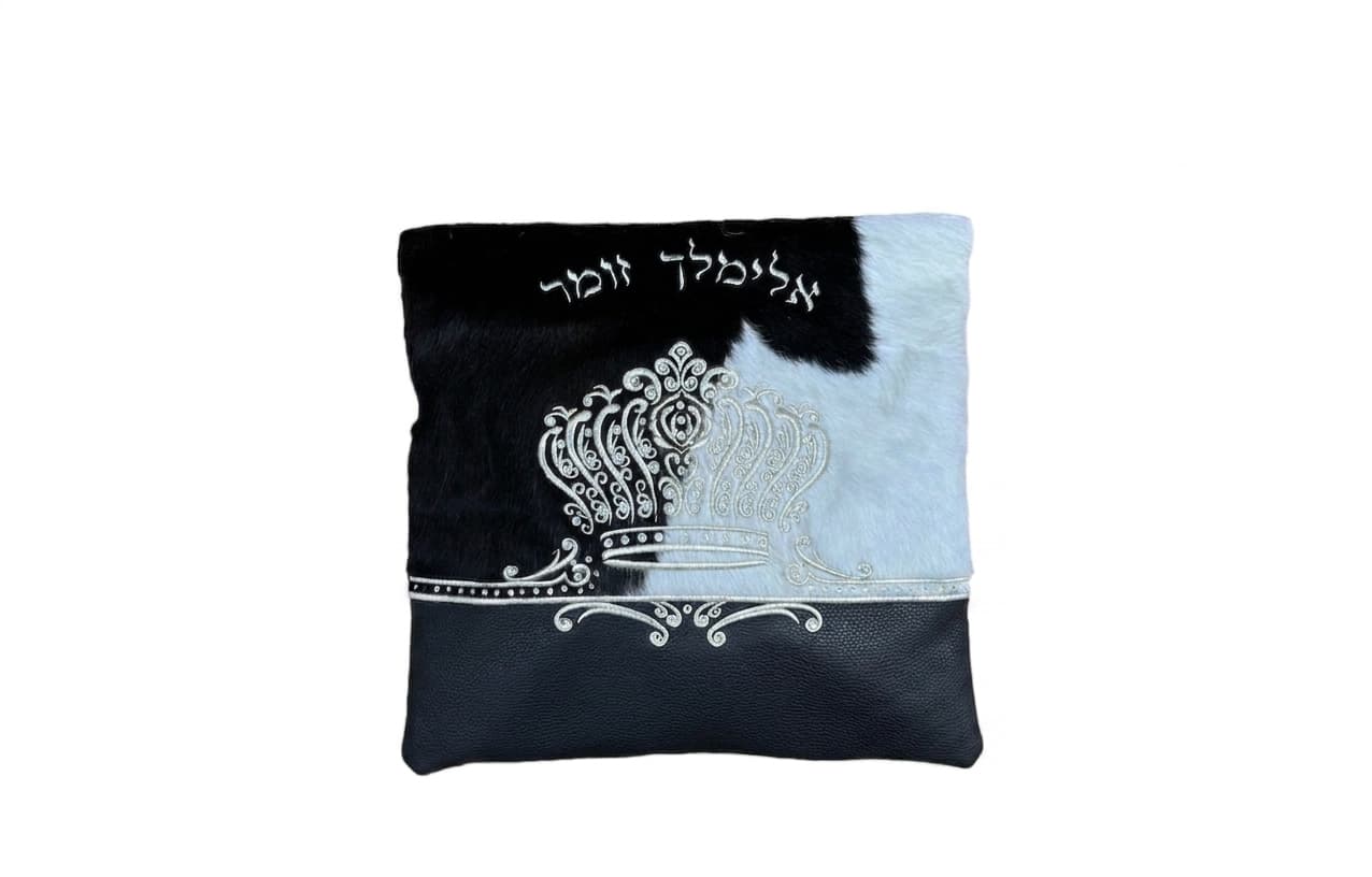 Crown Black Fur Leather Tallit & Tefillin Bag Set F61, thumbnail 2