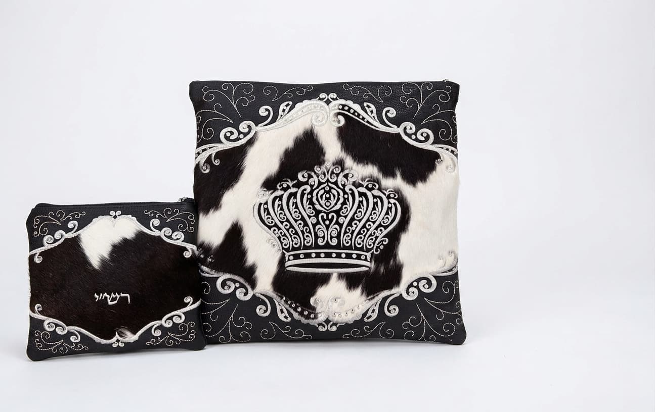 Crown Black Hair-on-Hide Leather Tallit & Tefillin Bag Set F66, thumbnail 3