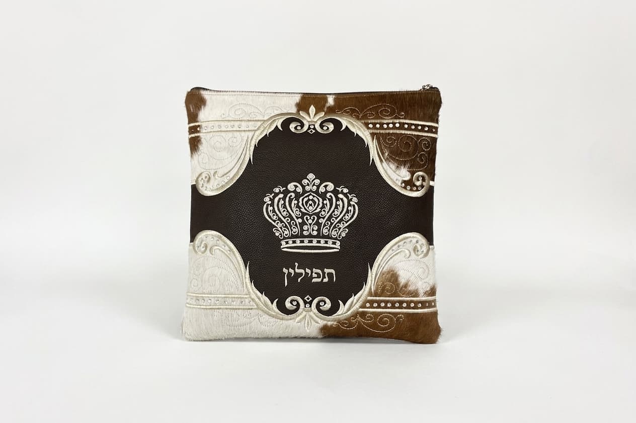 Crown Brown Fur Leather Tallit & Tefillin Bag Set F69, thumbnail 3
