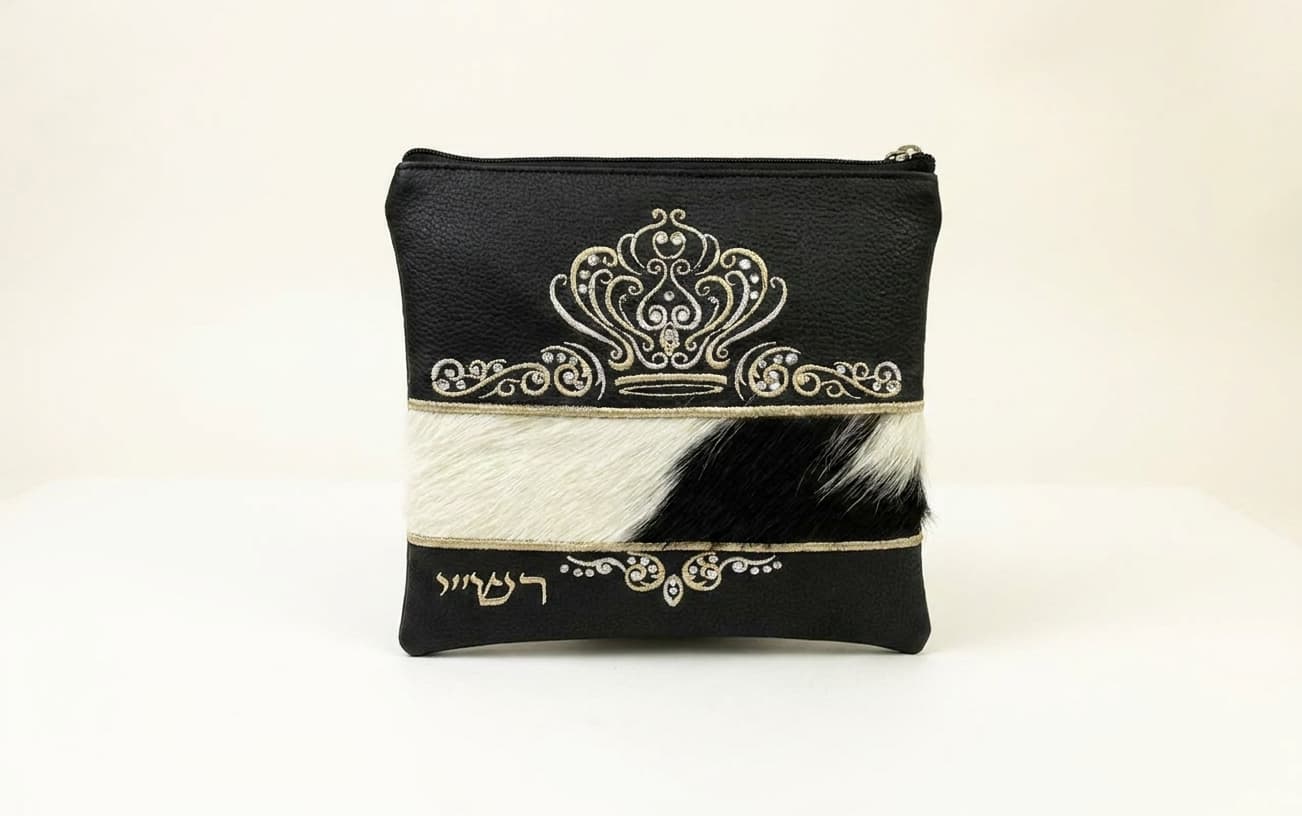 Crown Black Grained Leather Tallit & Tefillin Bag Set F73, thumbnail 3