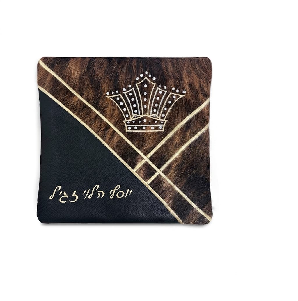 Crown Black Fur Leather Tallit & Tefillin Bag Set F83, thumbnail 3