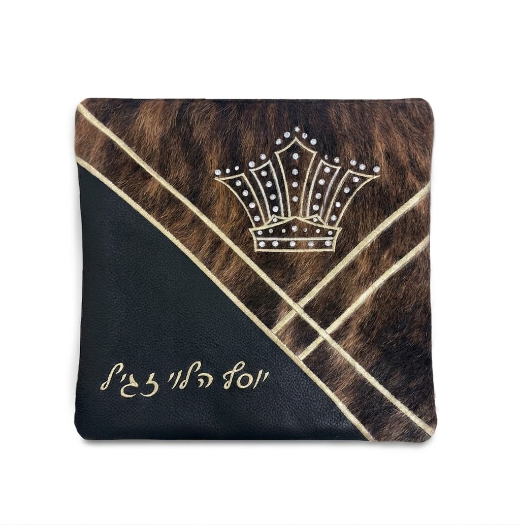 Crown Black Fur Leather Tallit & Tefillin Bag Set F83, thumbnail 2
