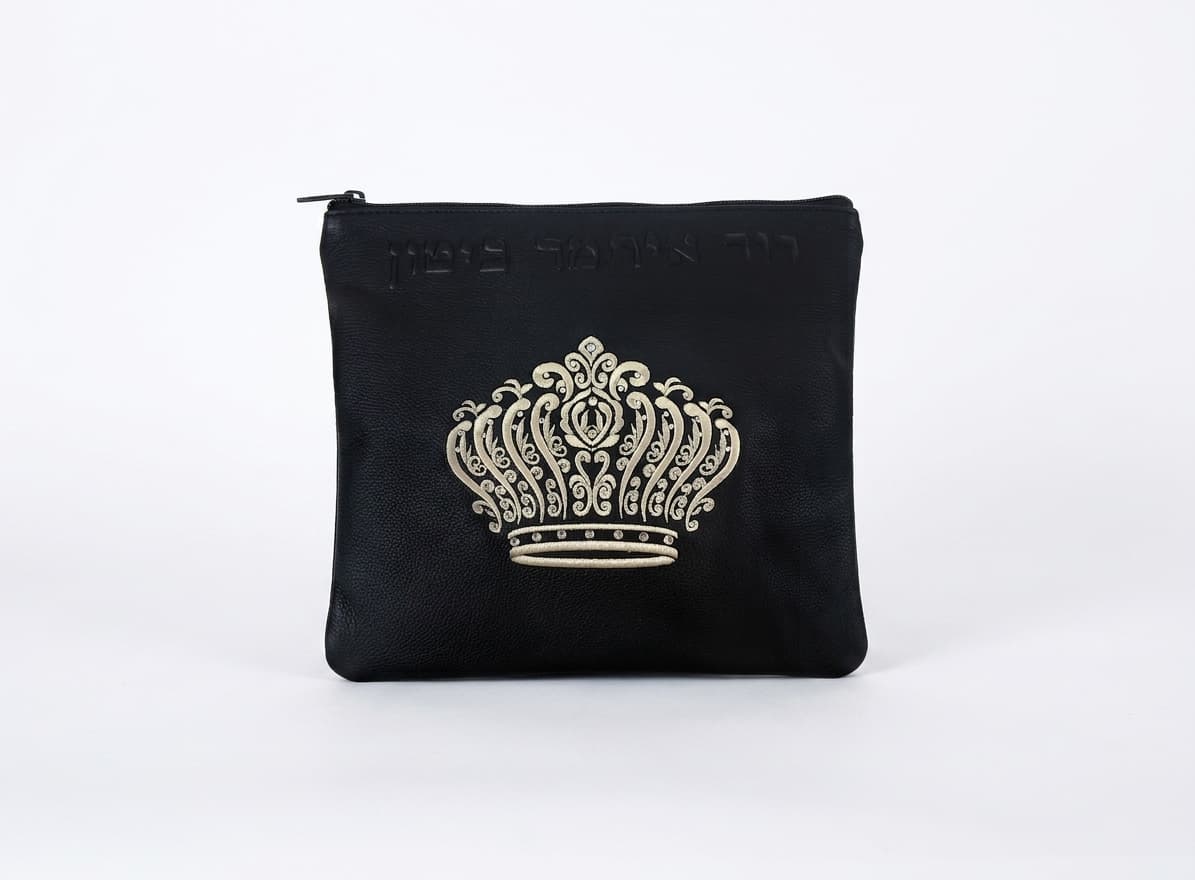 Crown Black Grained Leather Tallit & Tefillin Bag Set F86, thumbnail 3