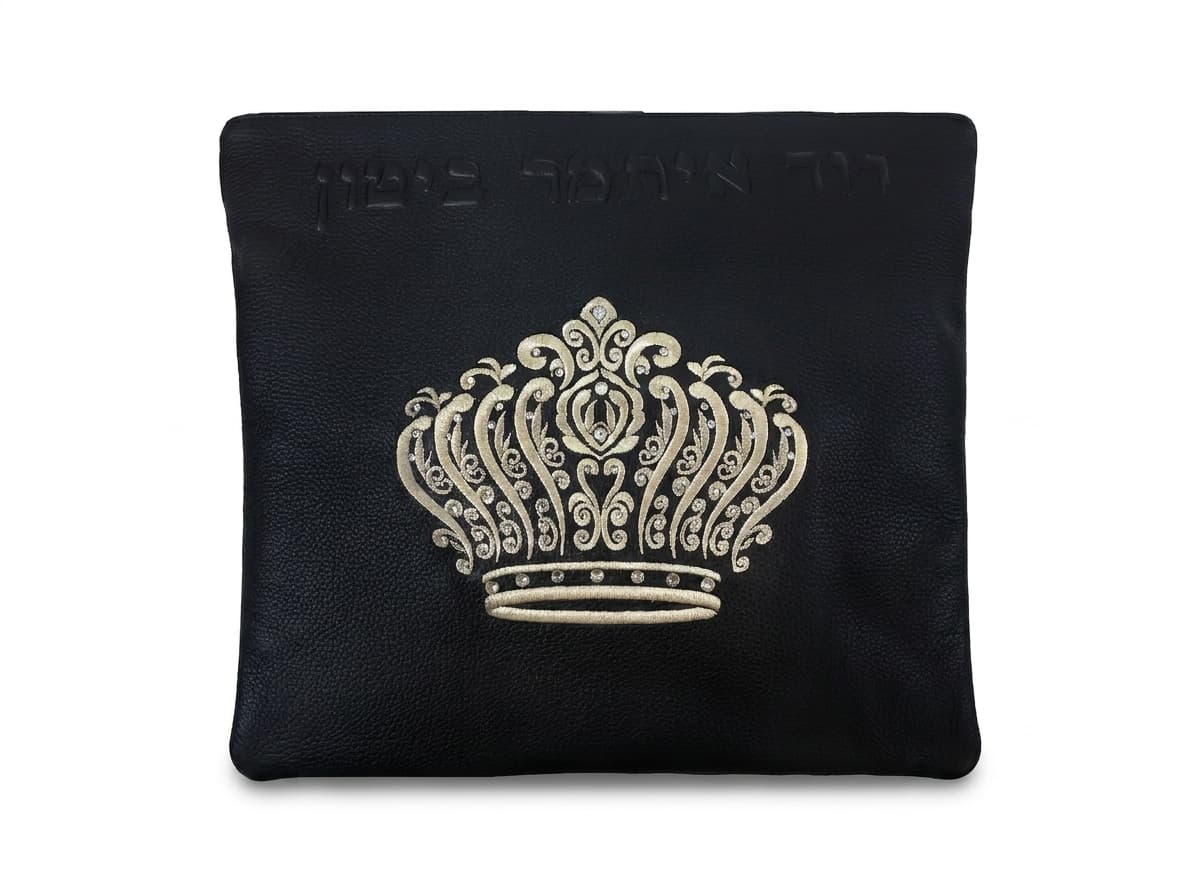 Crown Black Grained Leather Tallit & Tefillin Bag Set F86, thumbnail 2