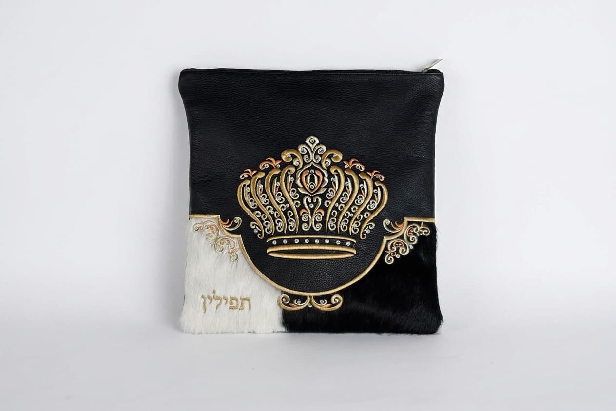 Crown Black Fur Leather Tallit & Tefillin Bag Set F90, thumbnail 3