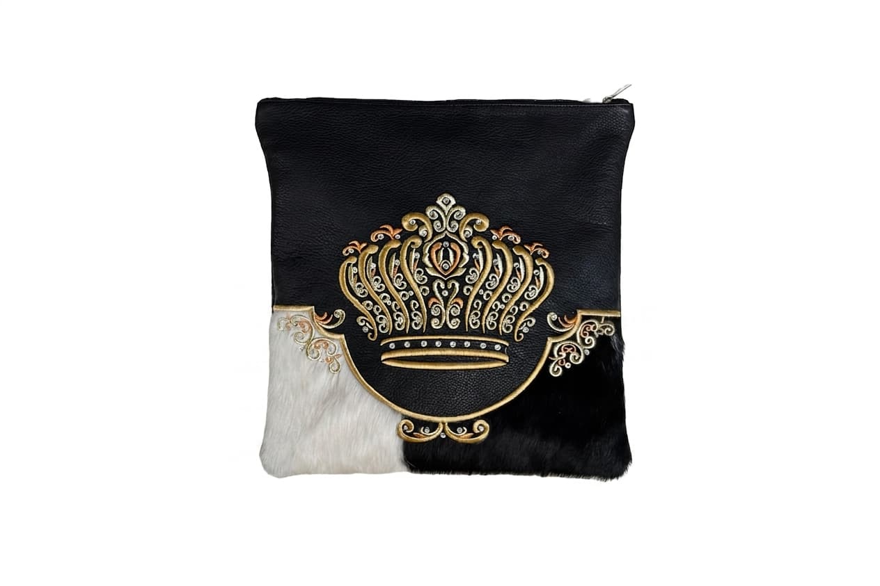 Crown Black Fur Leather Tallit & Tefillin Bag Set F90, thumbnail 2