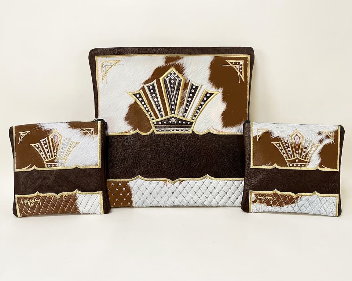 Crown Brown Hair-on-Hide Leather Tallit & Tefillin Bag Set F99, thumbnail 3