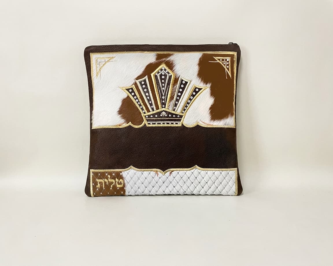 Crown Brown Hair-on-Hide Leather Tallit & Tefillin Bag Set F99, thumbnail 2