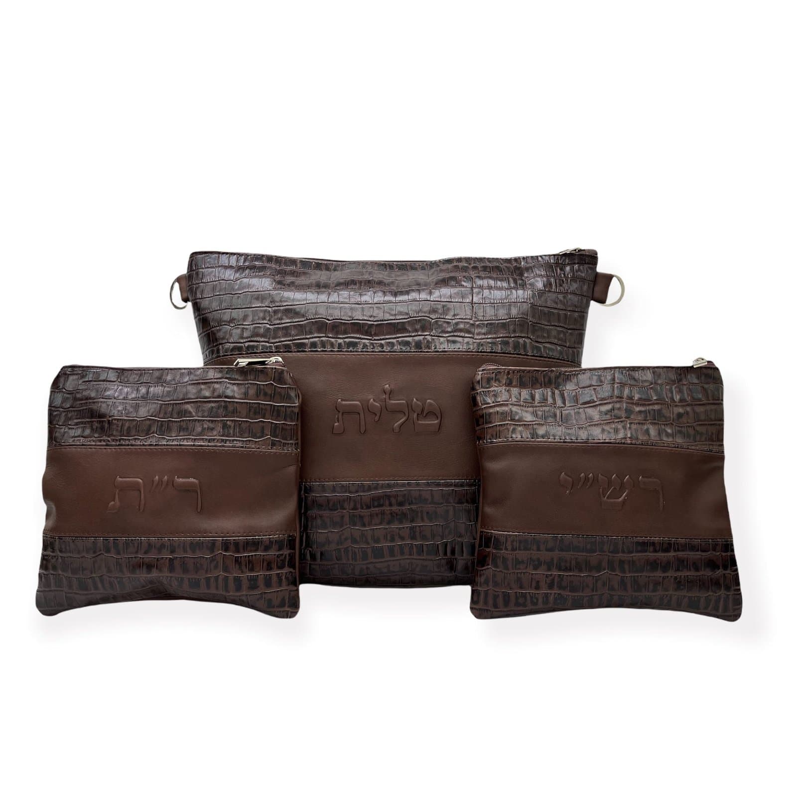 Textured Bolsa para Talit de Cuero Grabado Croco Marrón y Cuero Liso B16, thumbnail 2