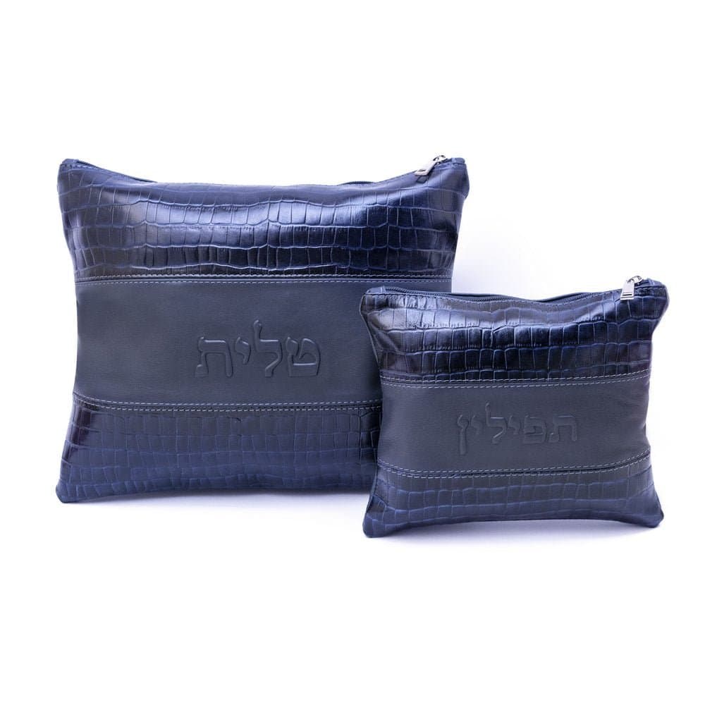 Textured Navy Croco Leather Tallit & Tefillin Bag Set B20, photo 1