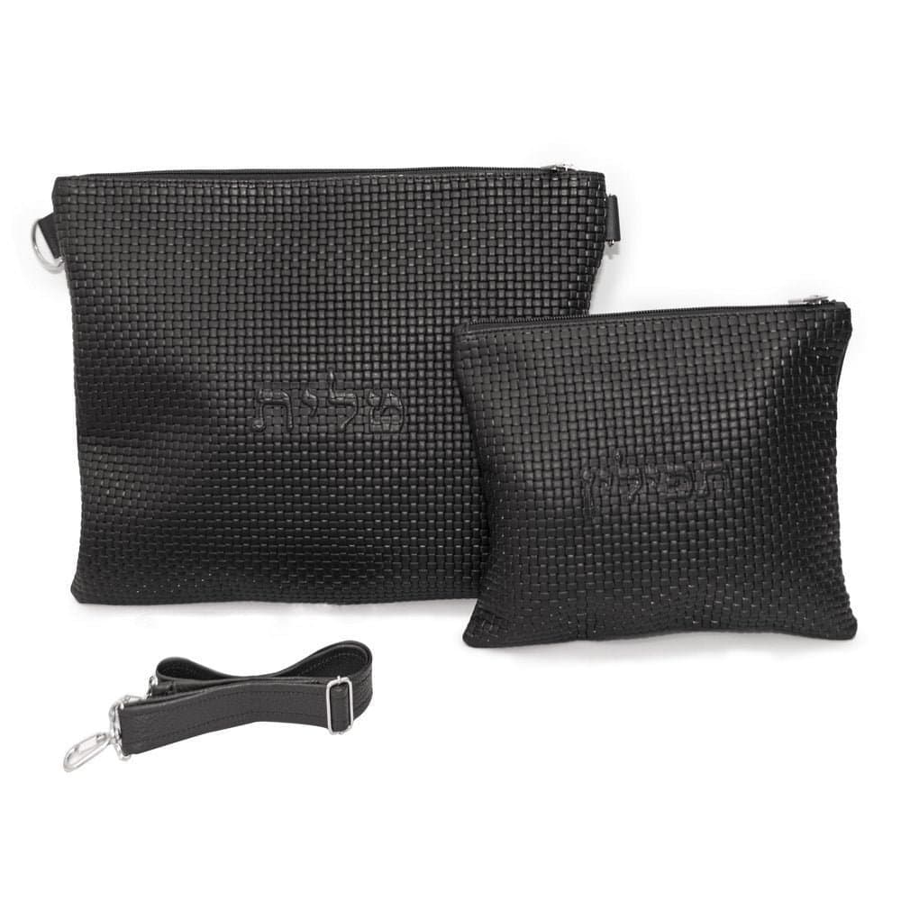 Textured Braided Black Leather Tallit & Tefillin Bag B45, thumbnail 2