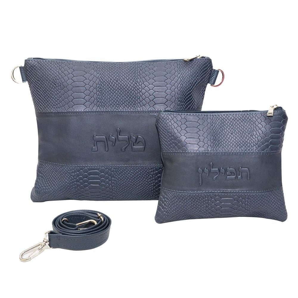 Textured Navy Snake Leather Tallit & Tefillin Bag Set B76, thumbnail 2