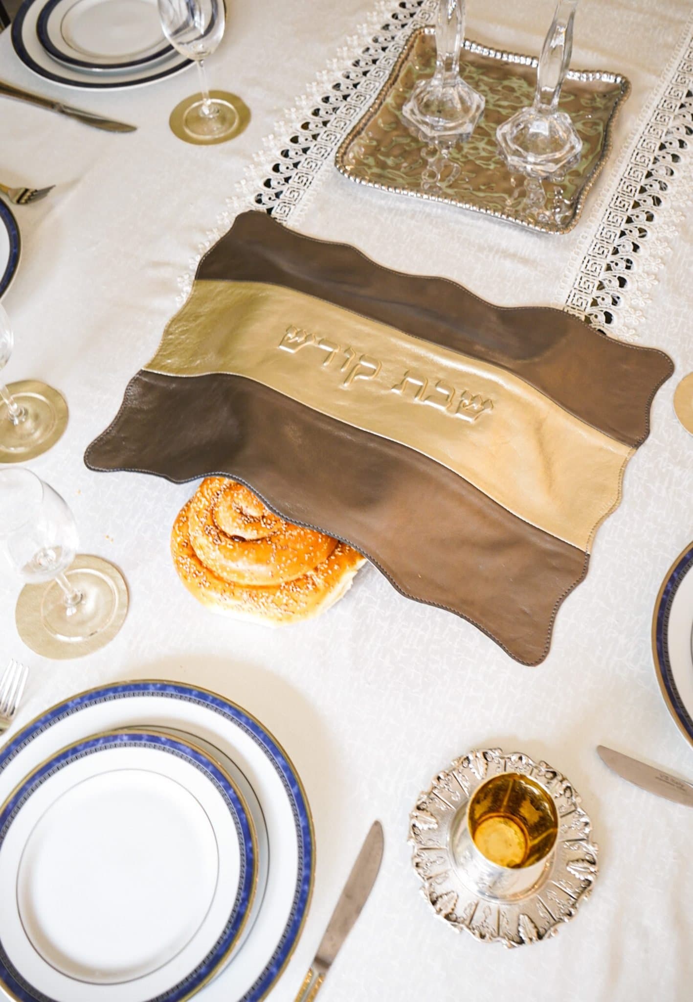 Dark Silver and Gold Metallic Leather Challah Cover CH13, thumbnail 3