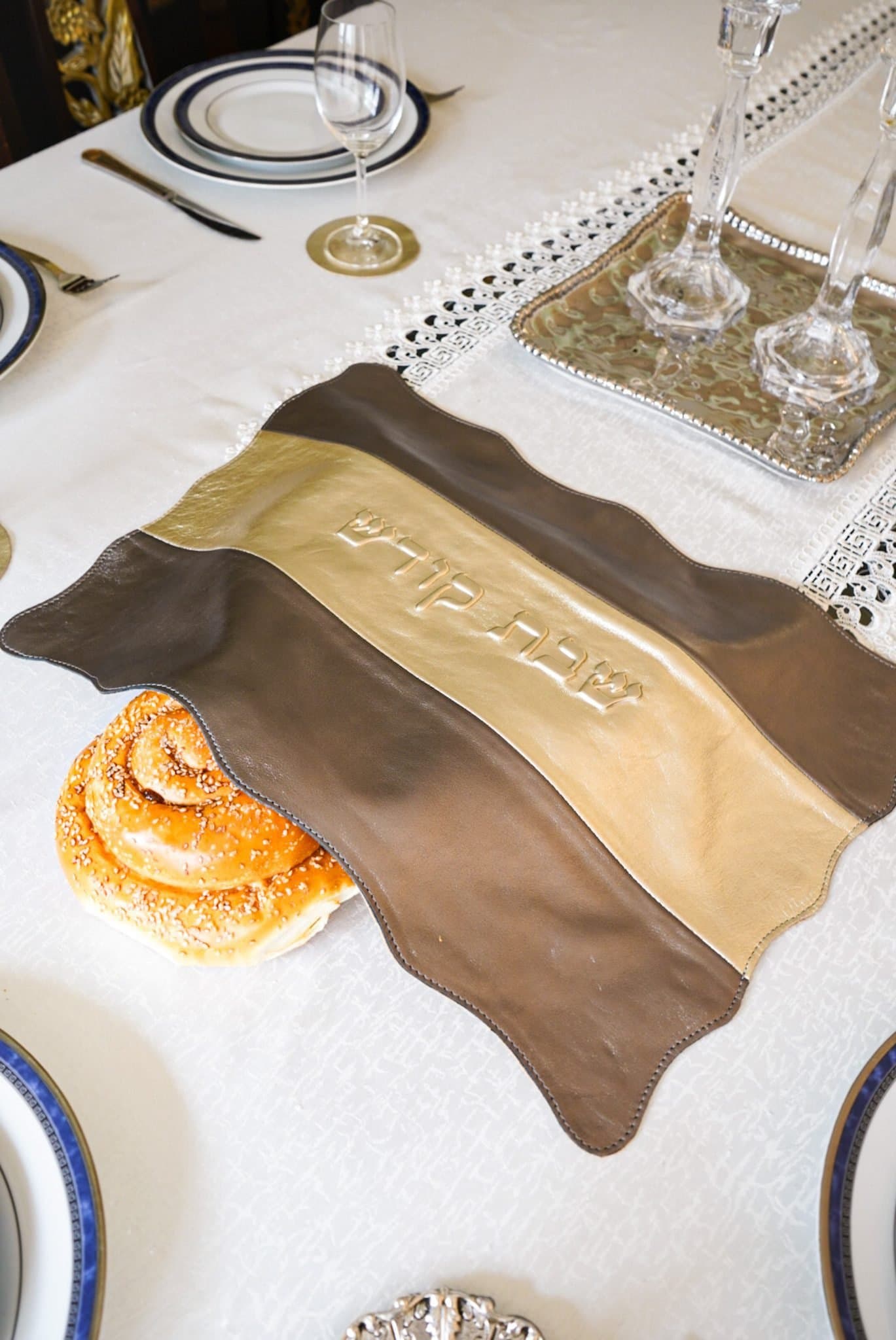 Dark Silver and Gold Metallic Leather Challah Cover CH13, thumbnail 2