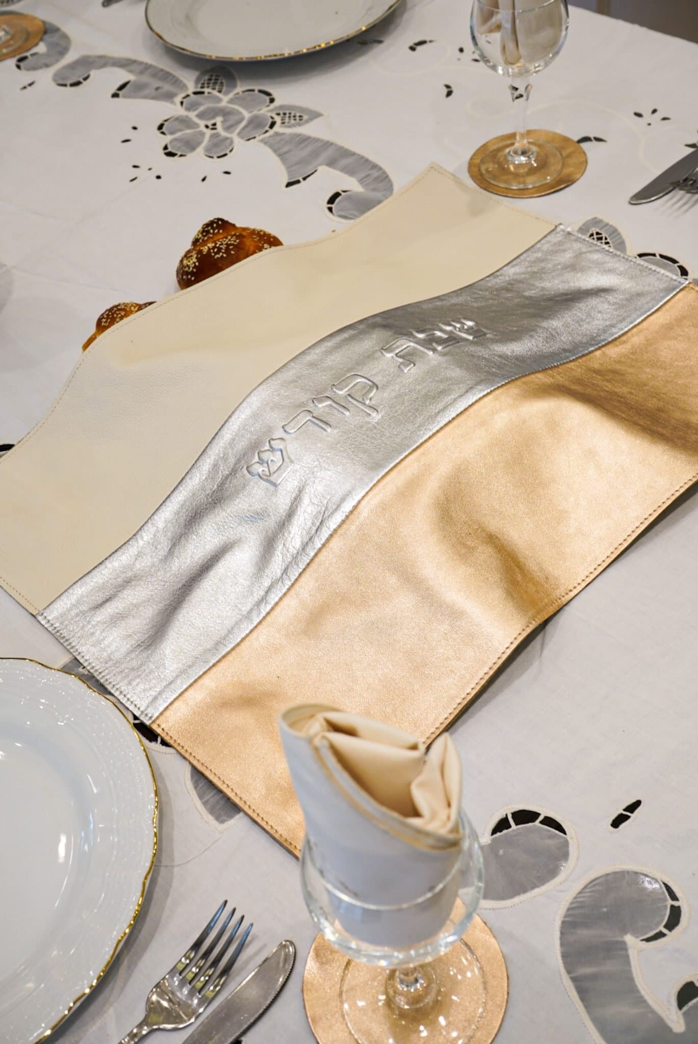 White Silver and Gold Metallic Leather Challah Cover CH20, thumbnail 2