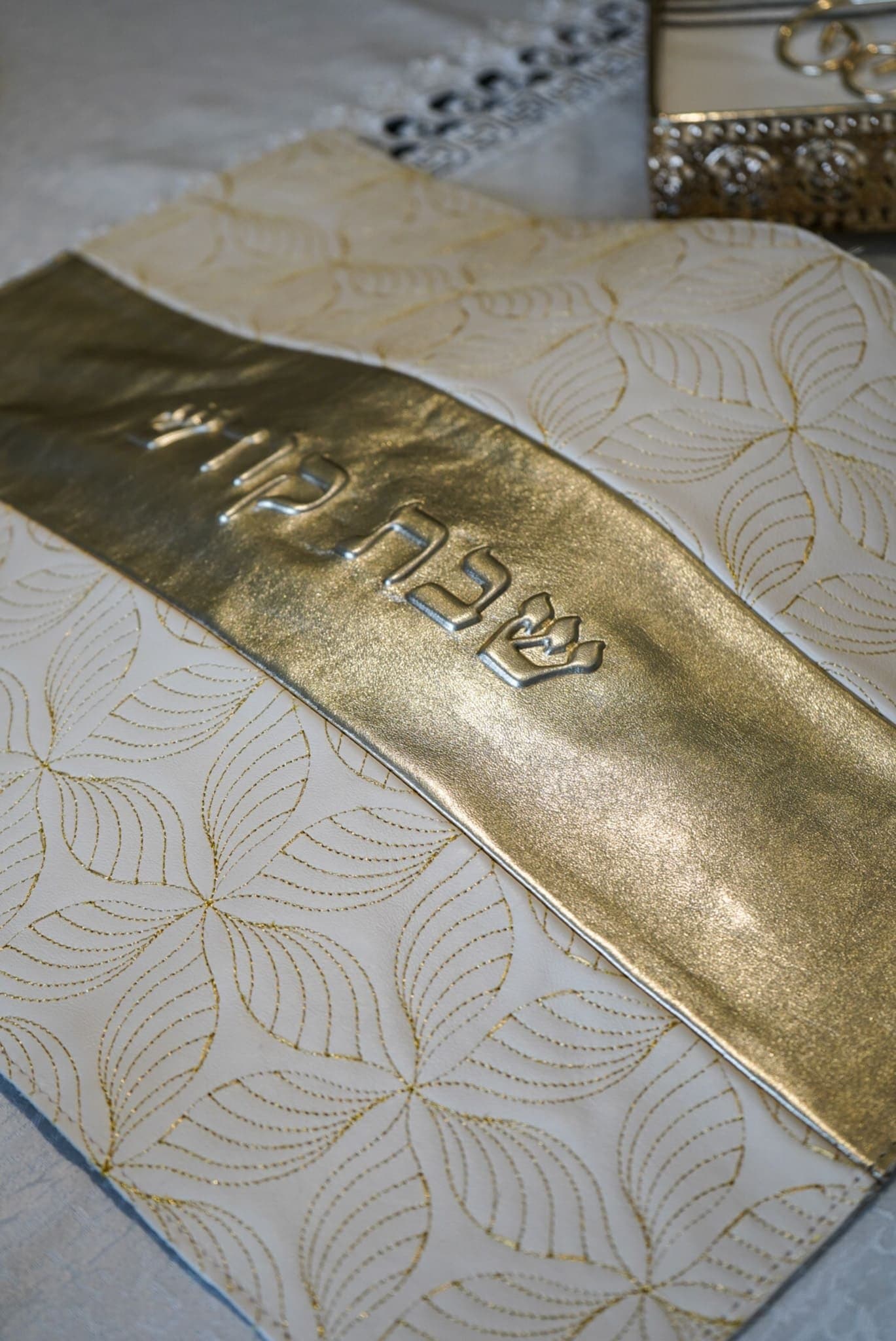 Silver and Gold Metallic Leather Challah Cover CH16, thumbnail 2