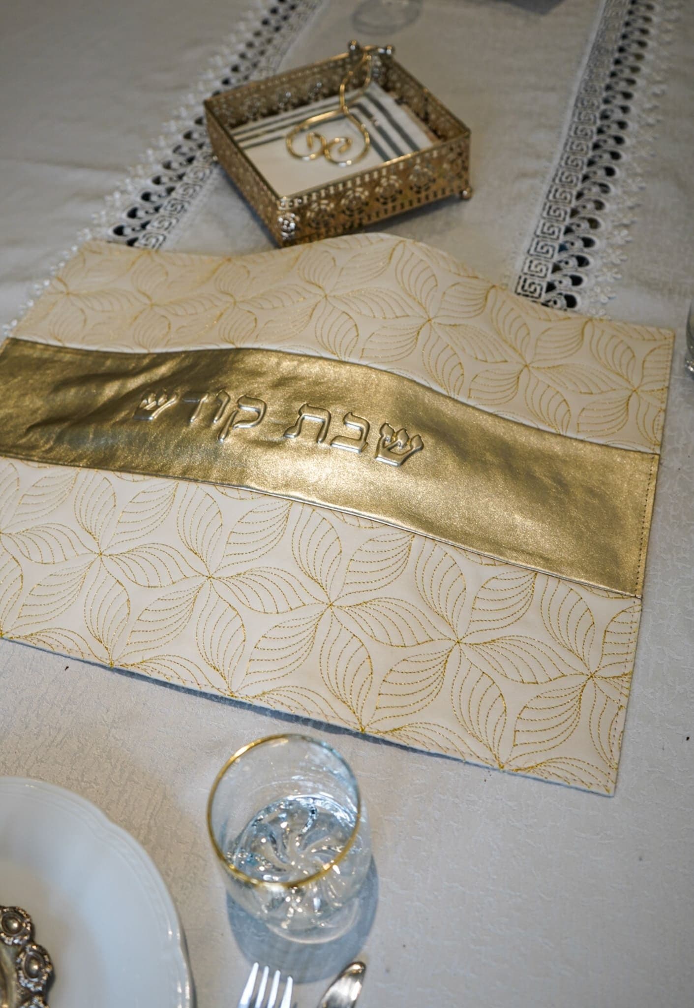 Silver and Gold Metallic Leather Challah Cover CH16, thumbnail 3