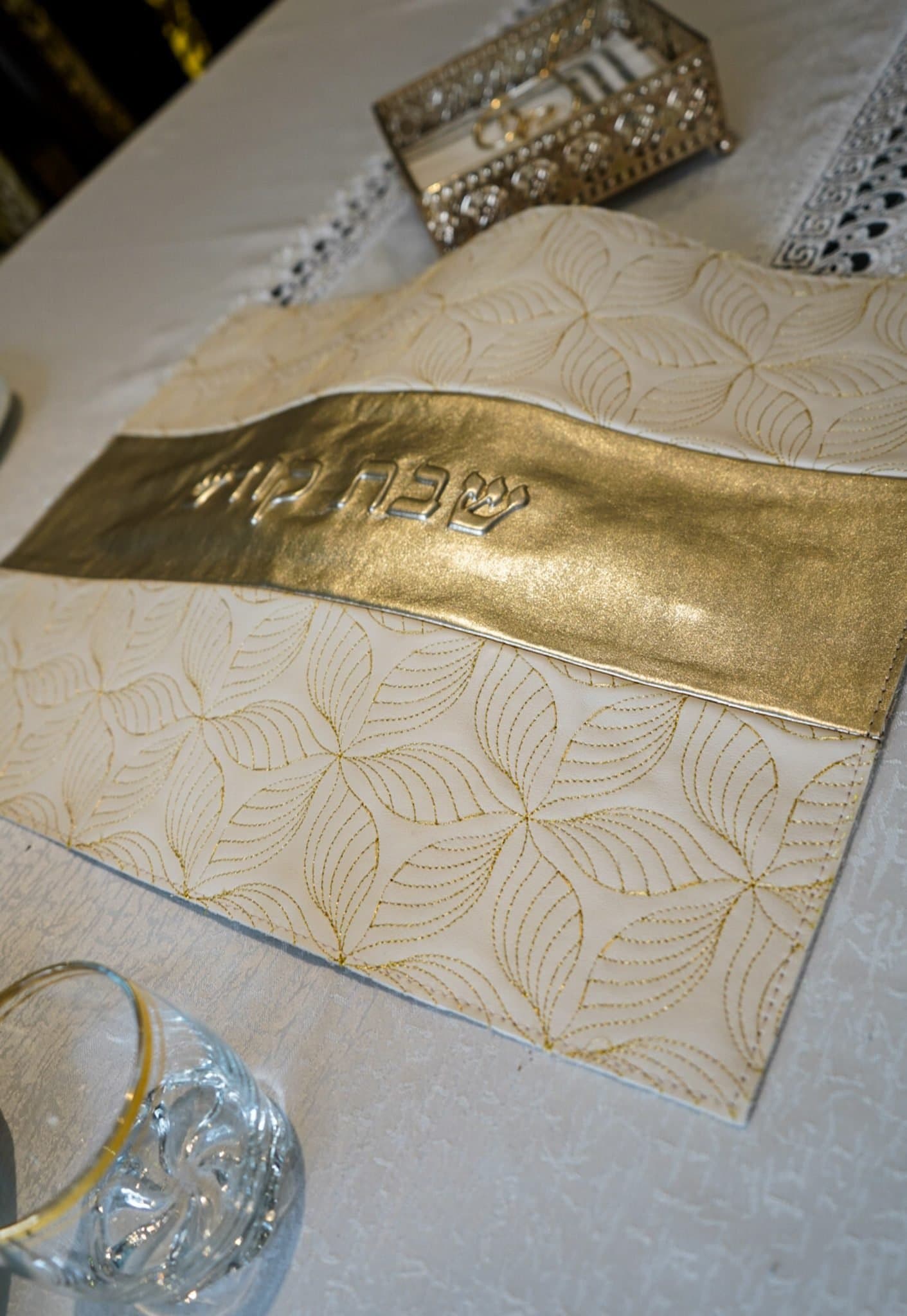 Silver and Gold Metallic Leather Challah Cover CH16, thumbnail 5