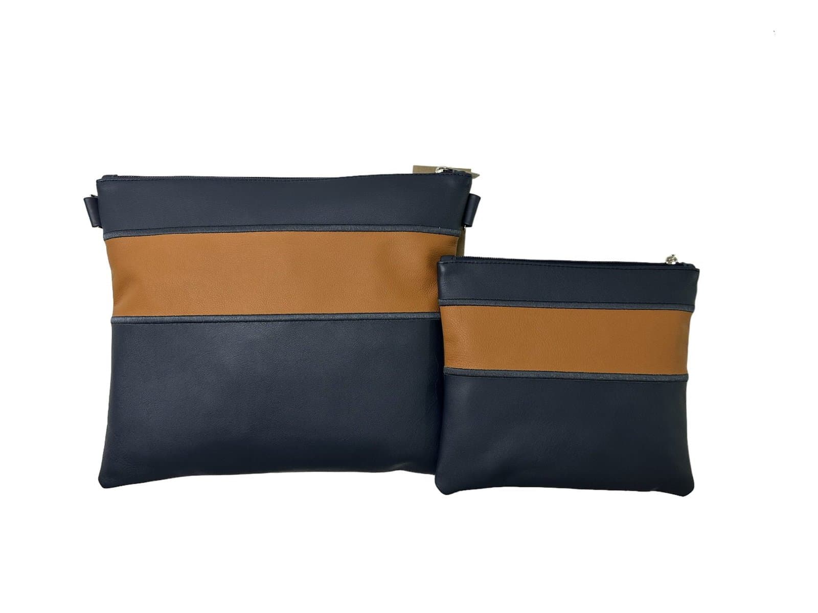 Premium Navy and Tan Smooth Leather Tallit Bag C135, thumbnail 2