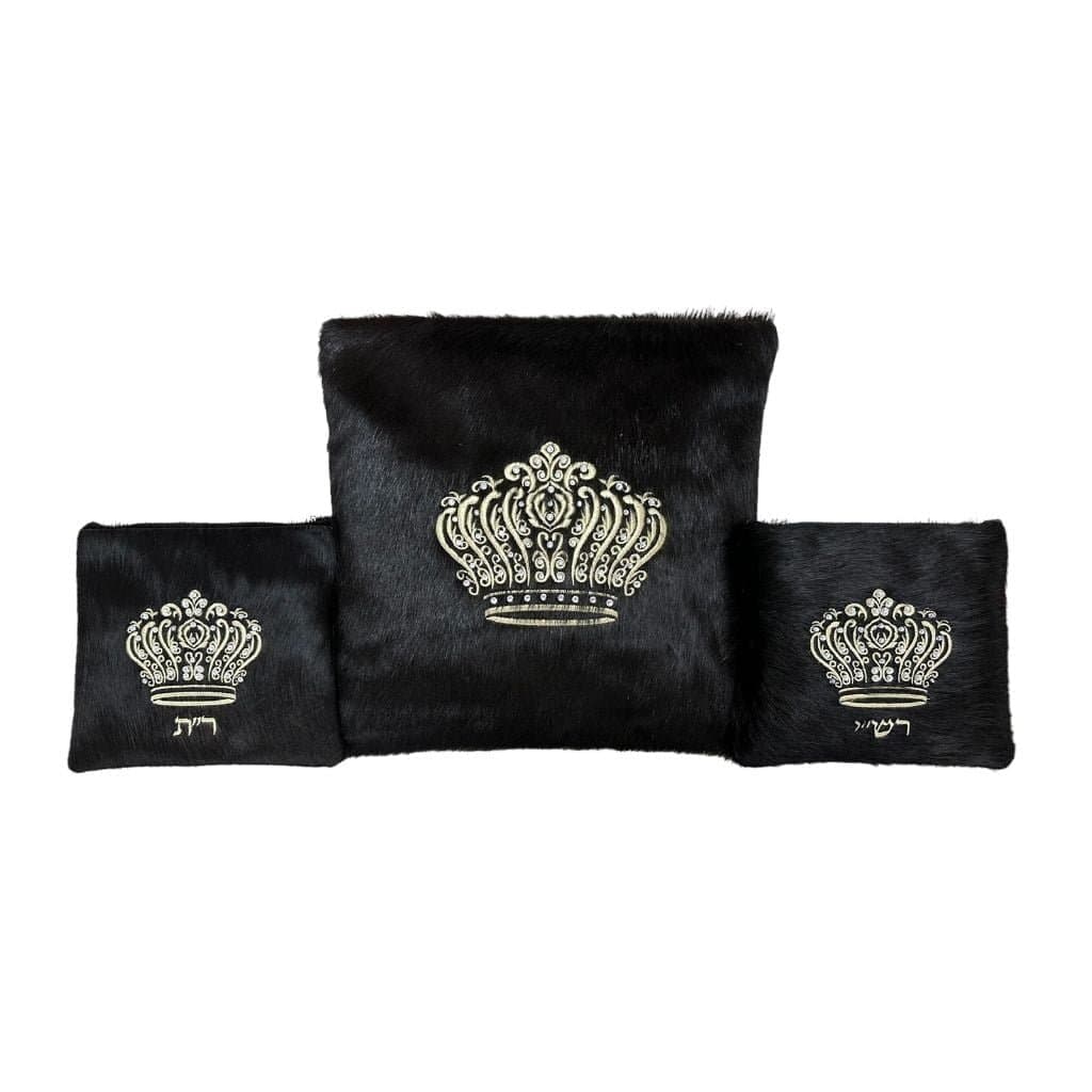 Crown Black Hair-on-Hide Leather Tallit & Tefillin Bag Set F47, photo 1