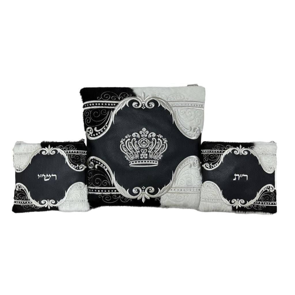 Crown Black Fur Leather Tallit & Tefillin Bag Set F52, photo 1