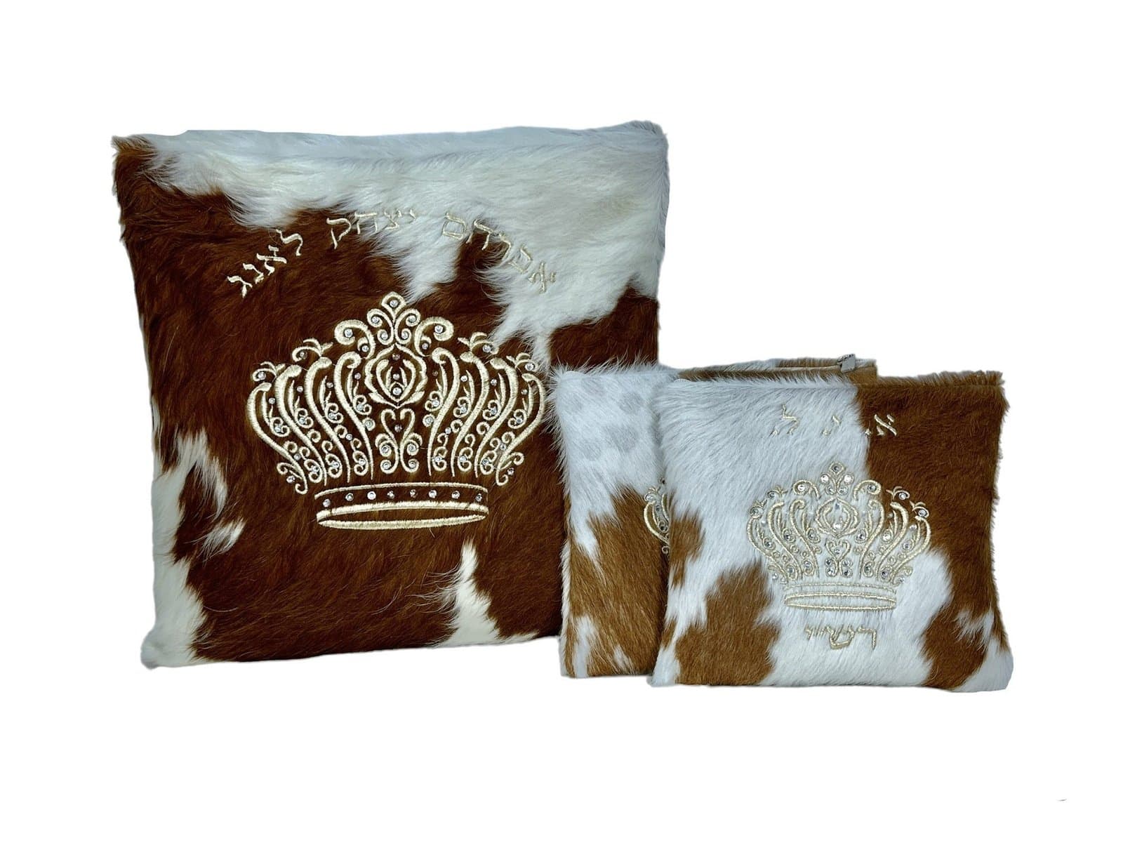 Crown Brown Hair-on-Hide Leather Tallit & Tefillin Bag Set F58, photo 1